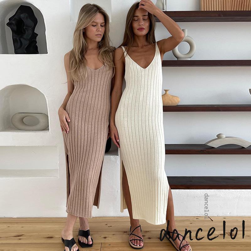 Đầm Dài Nữ Không Tay Cổ Chữ V Sọc Dọc Xẻ Tà Bên Hông 1O1