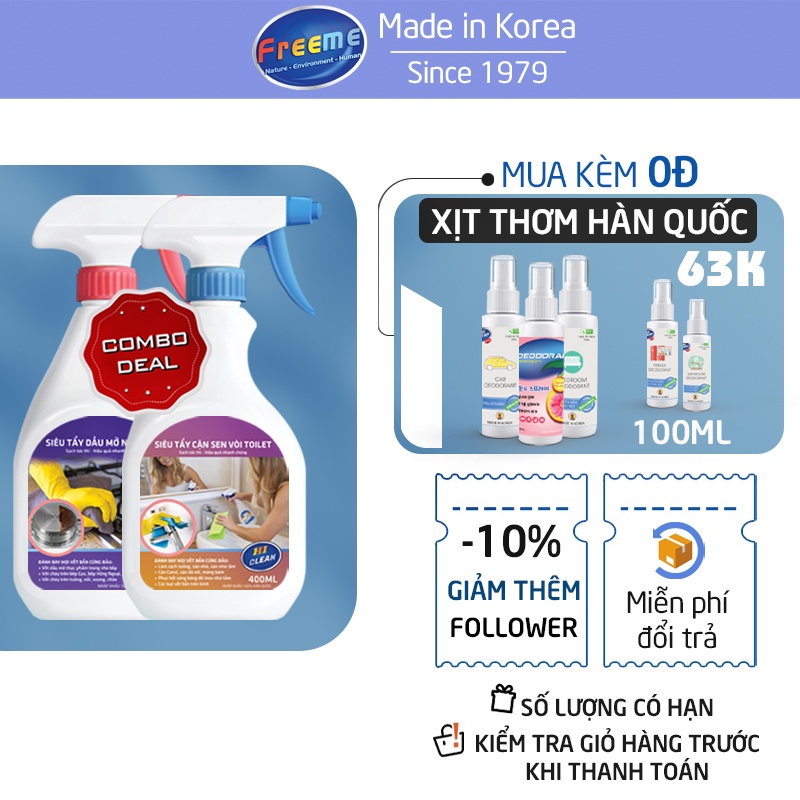 Combo Tẩy Cặn Canxi Hiclean và Tẩy Dầu Mỡ Nhà Bếp Hiclean, sạch nhanh chóng, hiệu quả tức thì, Nhập Khẩu Hàn Quốc