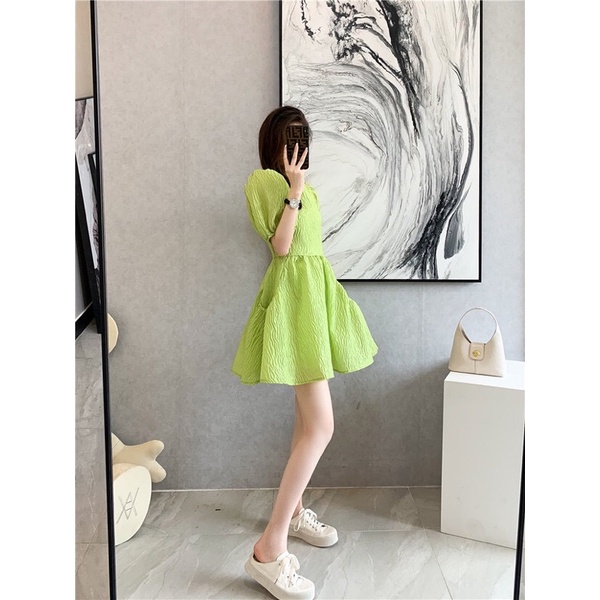 Đầm Babydoll Màu Xanh Vải Sần Xoè Xinh Xắn