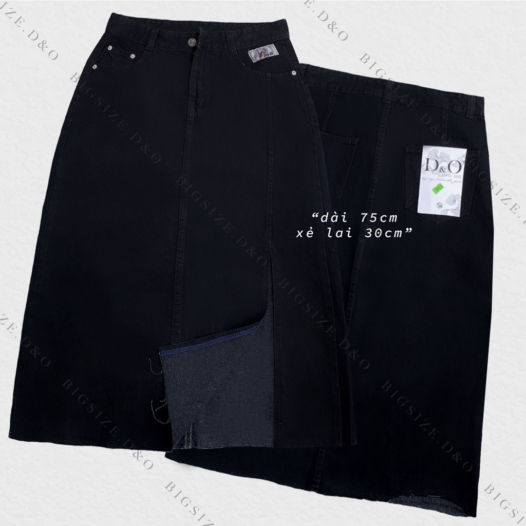 [Bigsize 54-80kg] Chân Váy Dài Xẻ Tà Trước, Xanh Nhạt/ Đen, Form A, Lưng Cao, Không Giãn, Dài 75cm
