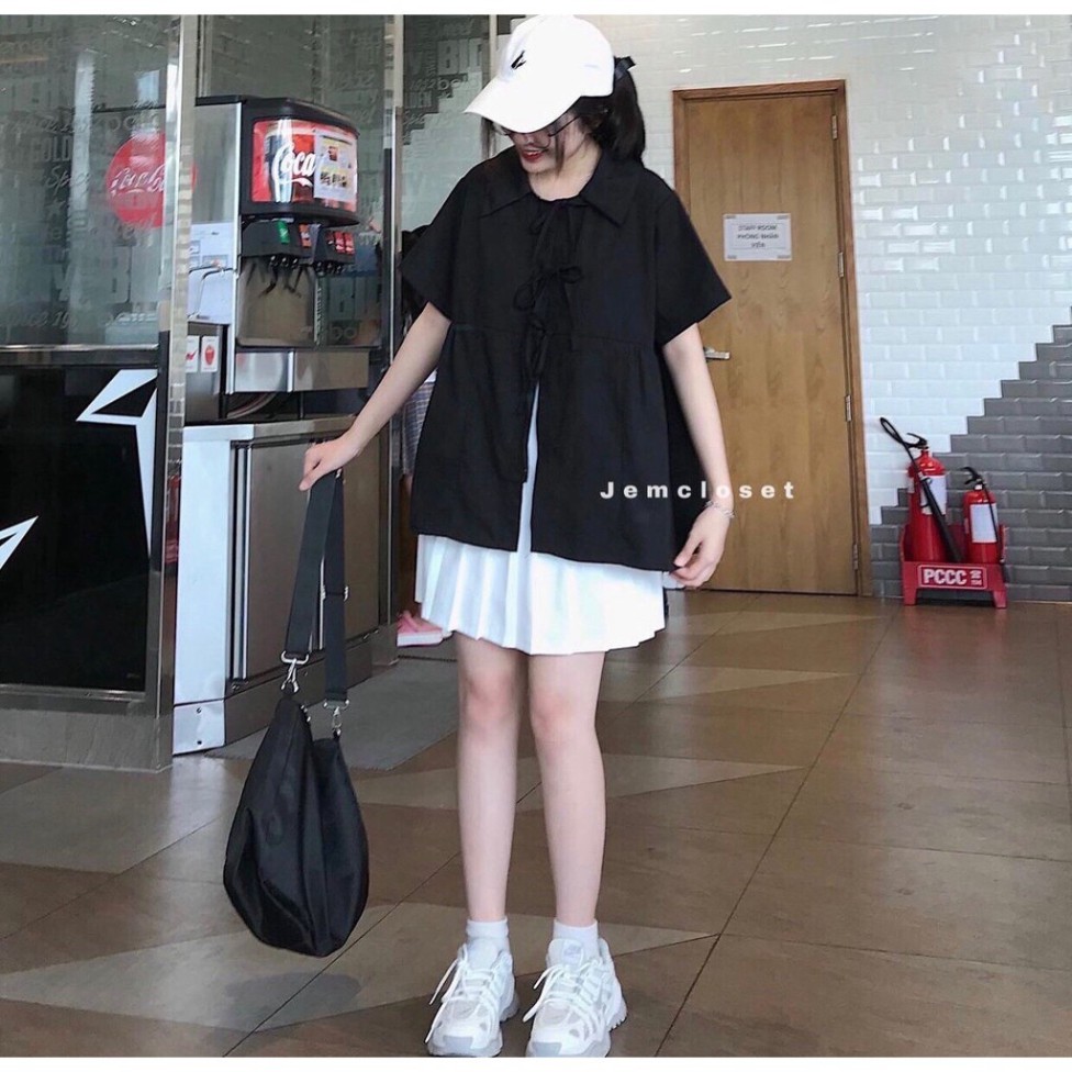 {SP mới - sẵn} -  Áo Babydoll Nữ Buộc Dây Trắng Đen 🦋 Áo Sơ Mi Nữ Cộc Tay Cổ Bẻ 2 Màu 🦋