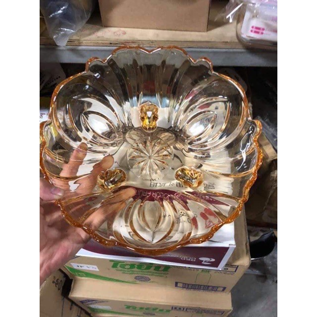 Đĩa Thuỷ Tinh Đựng Trái Cây, Đĩa Thuỷ Tinh Pha Lê 3 Chân Đường Kính 24cm sang Trọng Đựng Bánh Kẹo, Mứt Tết.