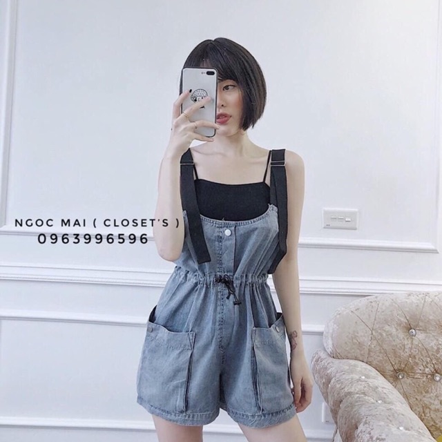 Sét yếm jean kèm áo 2 dây nữ