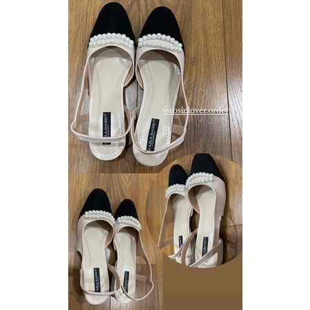 Giày Sandal ngọc mũi nhọn tròn dây quai ngang đế vuông hở eo 2p