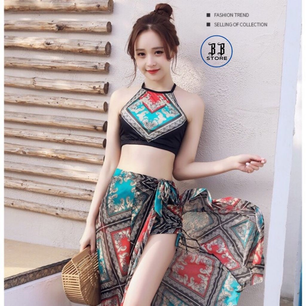 Đồ bơi nữ, bikini đi biển set 3 món họa tiết thổ cẩm Loại 1