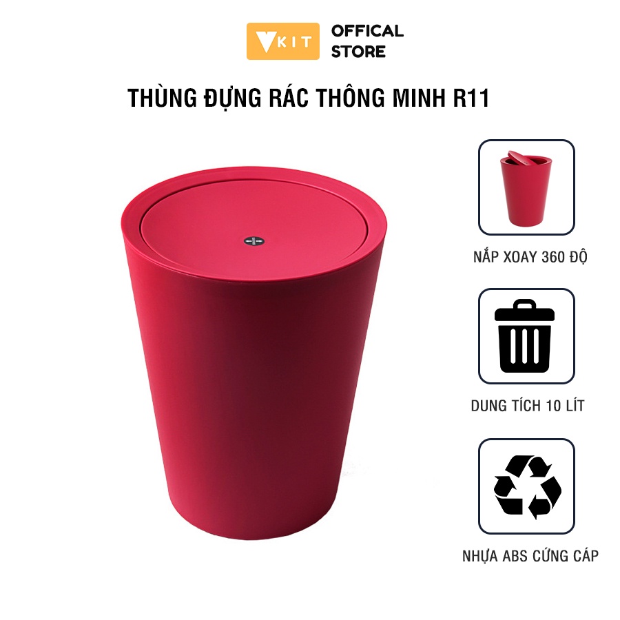 Thùng rác nhựa nắp lật mini 10L VKIT xoay 360 độ - thùng rác nắp lật dung tích 10L- R11