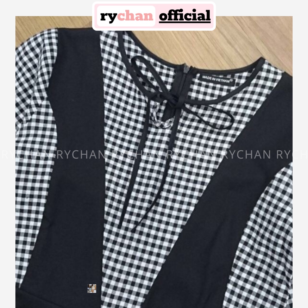 [ẢNH THẬT CUỐI] Đầm Xòe Caro Phối Đen Nơ Cổ - DX683