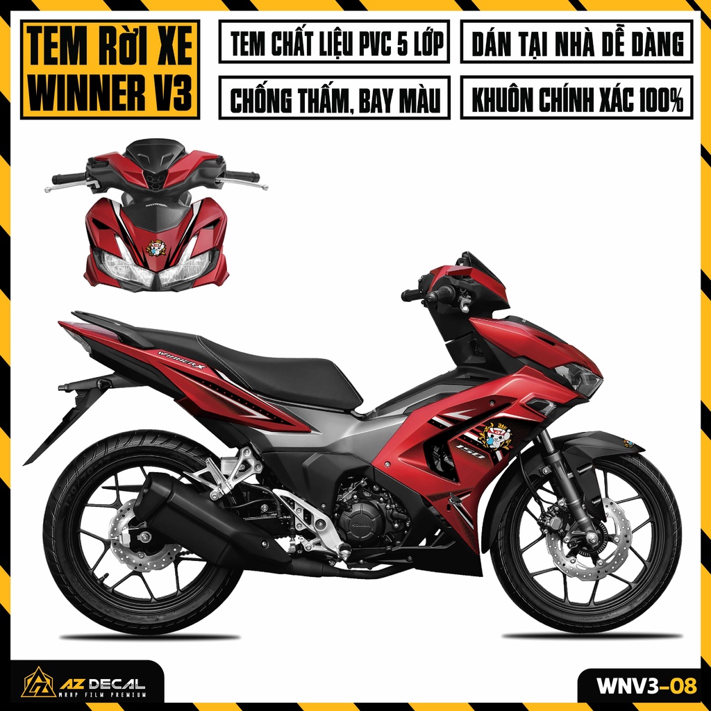 Tem Xe Winner V3 Phong Cách Racing Boy | WNV3-08 | Decal Rời Dán Winner X 2022 RCB Cho Xe Đen Trắng Đỏ Xám