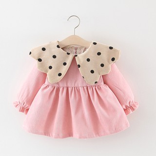 Váy Bé Gái [ FREESHIP ] Váy Babydoll phối bèo cổ chấm bi mềm ấm cho bé 6 tháng - 4 tuổi (V08)