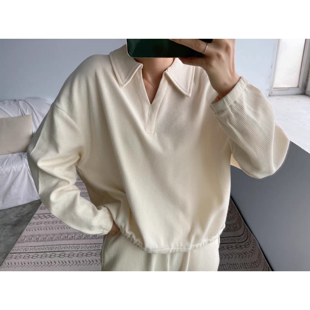 Set Bộ Nỉ Hạt Gạo Áo Cổ Polo Bo Chun Kèm Quần Jogger Bo Gấu Phong Cách Thể Thao