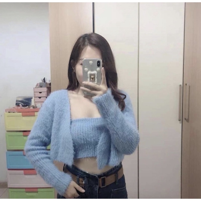 Nguyên set croptop + áo khoác cardigan len kim mịn