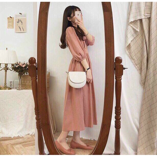 Đầm tiểu thư babydoll tay phồng màu hồng, đầm hồng basic cổ tròn dáng dài qua gối ulzzang phong cách hàn quốc