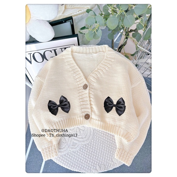 Áo Len Croptop Đen gắn nơ , Áo cardigan xinh xắn