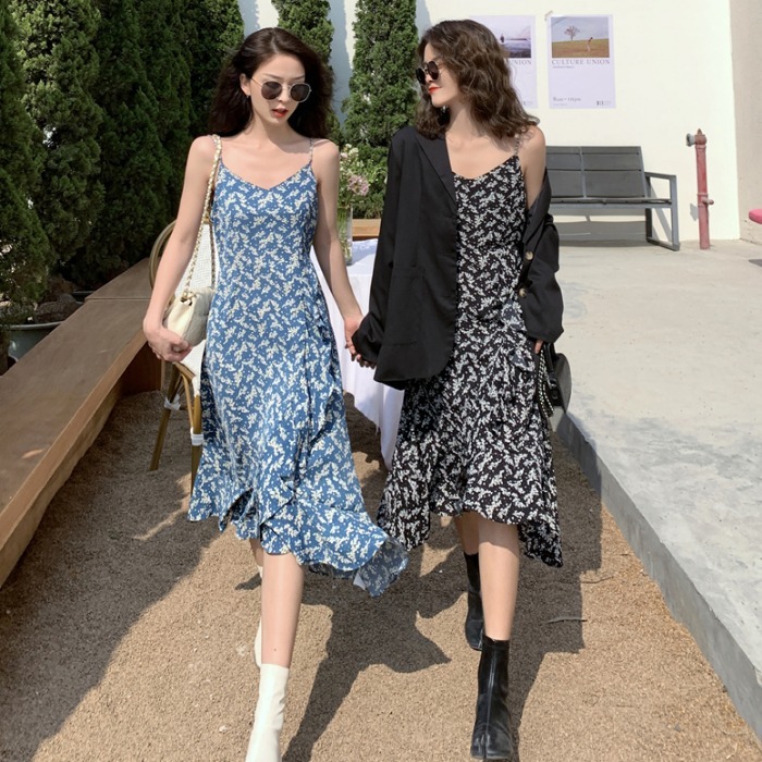 [đầm nữ dài] Váy midi dài 2021, [váy dài nữ] hai dây hoa nhí qua gố xòe đẹp màu đen thời trang công sở | BigBuy360 - bigbuy360.vn