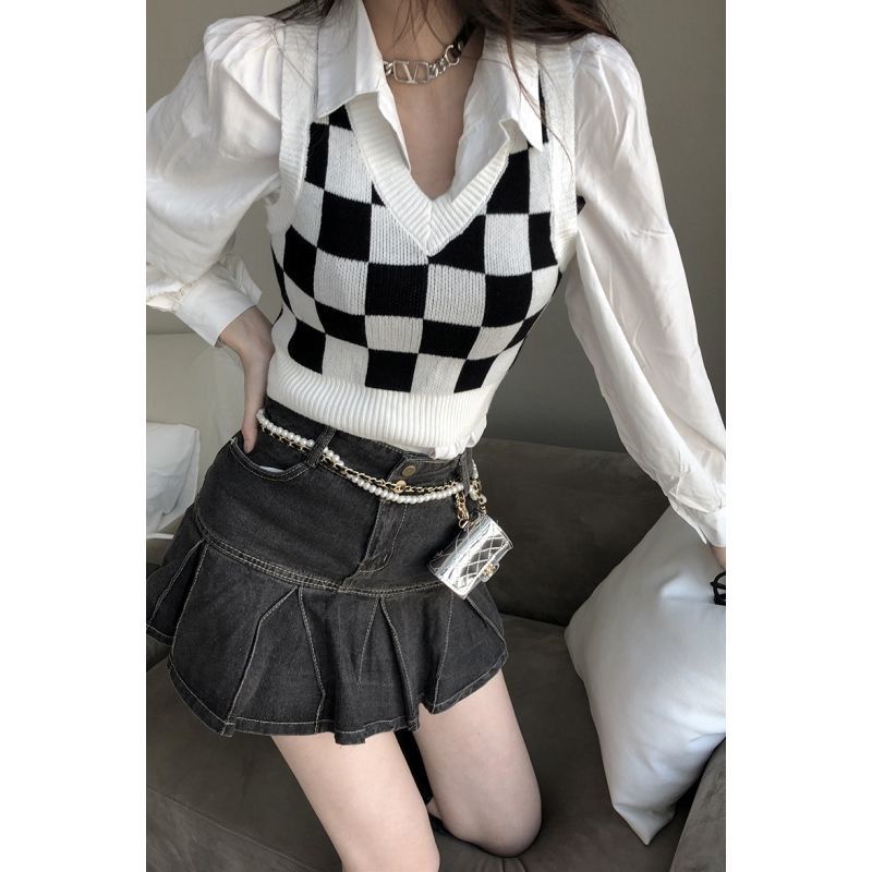 Set áo sơ mi tay dài kèm Chân váy jean thời trang dành cho nữ