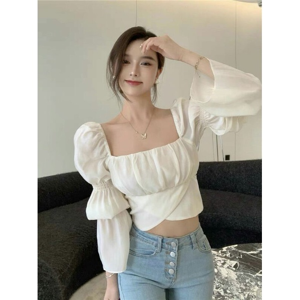 Áo Voan Kiểu Nữ Tay Dài Buộc Eo Tay Khúc Cổ Vuông Màu Trơn Buộc Dây Nơ Dáng Ngắn Có Mút Ngực TV-FASHIOn