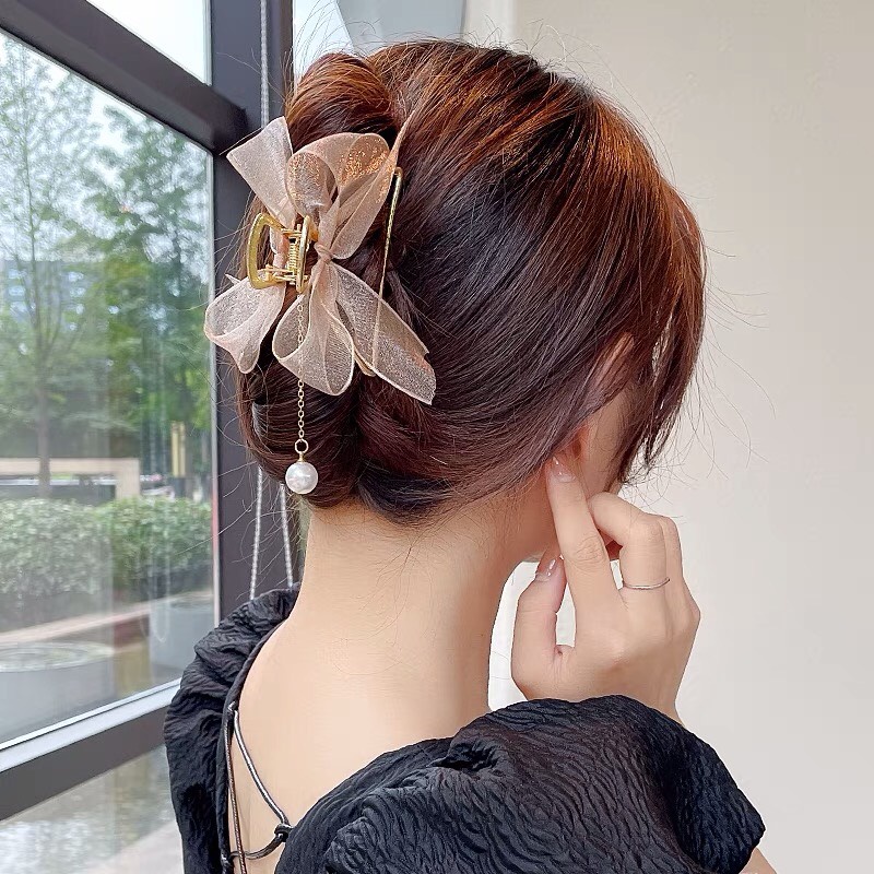 Kẹp tóc càng cua Hàn Quốc hình nơ phối hạt trai Cặp búi tóc tiểu thư nhiều màu xinh xắn sang trọng cho nữ Aikimo KDN