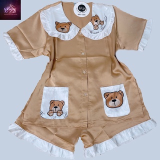 BỘ PYJAMA GẤU TEDDY LỤA  SATIN QUẦN ĐÙI  [CAO CẤP] [HÀNG ĐẸP CHUẨN]