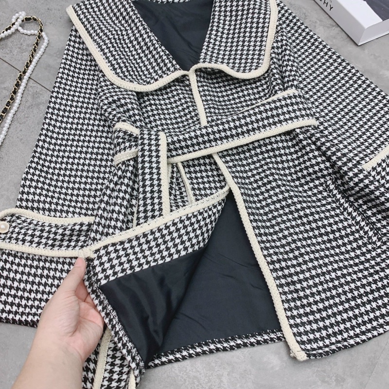 Áo dạ kẻ tweed kèm đai from rộng dáng dài phong cách Hàn Quốc cho nữ | BigBuy360 - bigbuy360.vn