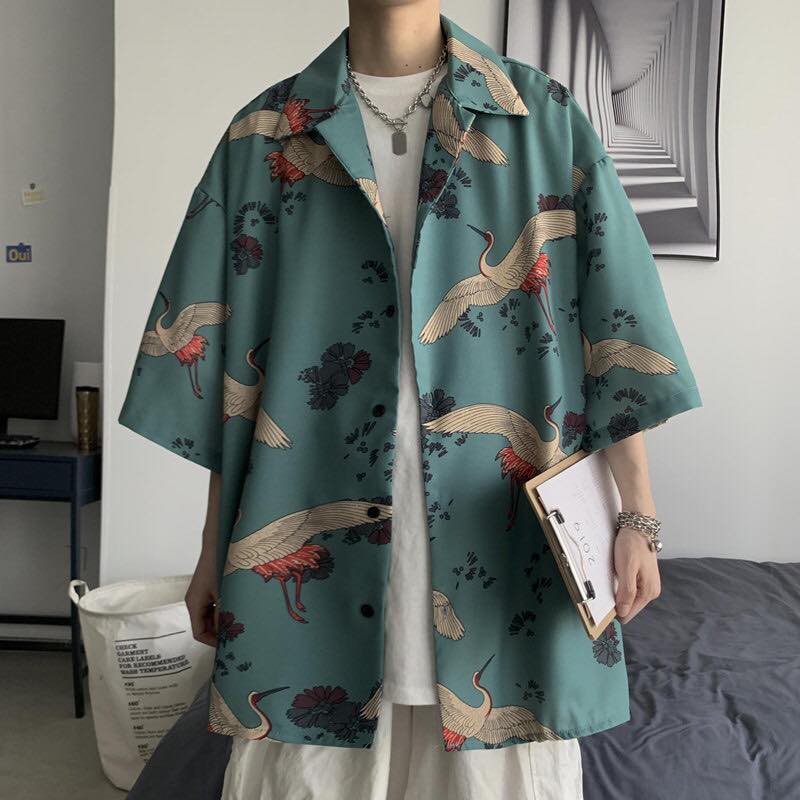 Áo sơ mi nam nữ oversize hình CHIM HẠT xanh rêu