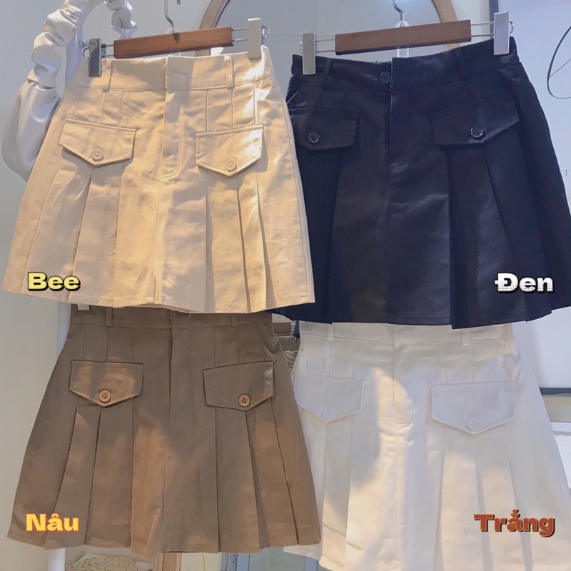 Chân Váy Nữ Xếp Ly Xoè Cạp Lưng Cao Chất KaKi Kèm 2 Túi Giả Trước Có Lót Trong Style GOMTREND