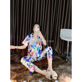 [Clip thật]Đồ bộ nữ Pijama lụa Latin, hoạ tiết LV sang