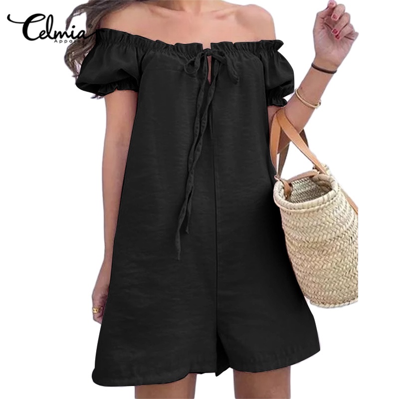 Áo liền quần CELMIA tay ngắn trễ vai ống quần ngắn size lớn phong cách thường ngày dành cho bạn nữ