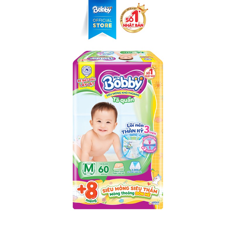 Tã quần Bobby lõi nén thần kì 3mm M60/L52 - Tặng thêm 8 miếng phiên bản mùa hè