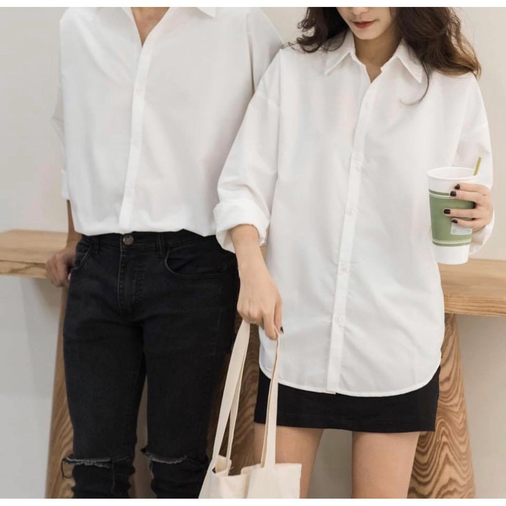 sơ mi nữ,áo sơ mi trắng dài tay form rộng trơn Basic Unisex dài tay trắng