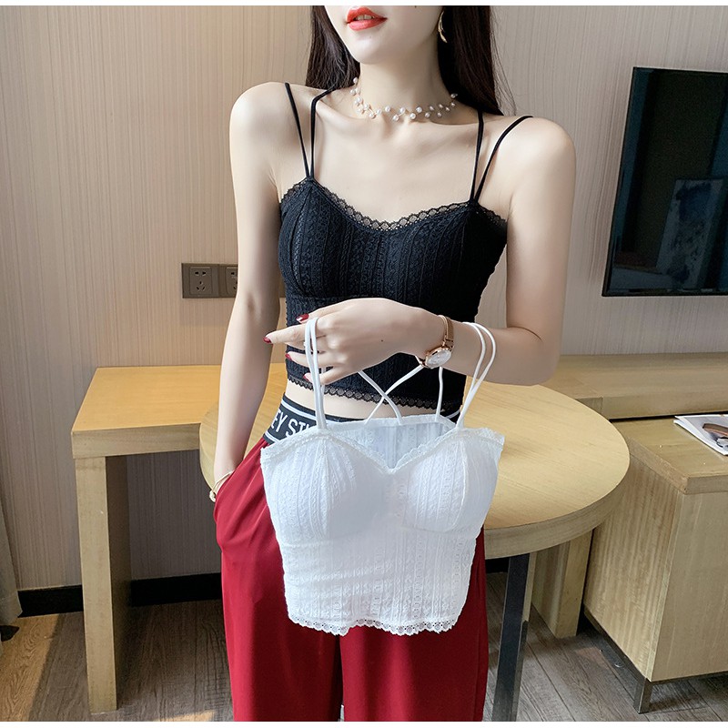 Áo croptop 2 dây ren đan chéo sau lưng có đệm ngực ôm body chất liệu ren cao cấp -ACN27