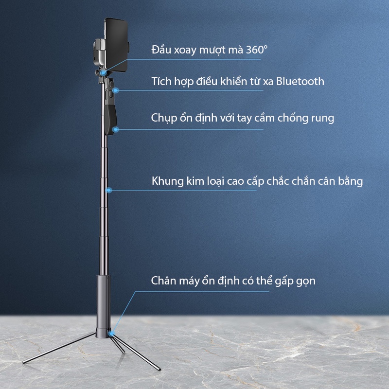 Gậy Chụp Ảnh Siêu Dài Tripod siêu dài 1m6 cứng cáp A21 tích hợp Remote Bluetooth, đèn chiếu sáng LED