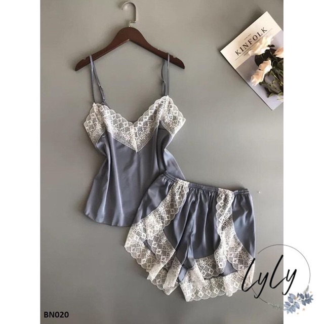 Bộ ngủ LỤA 2 dây viền ren trắng KELLY WANG ( ảnh thật cuối ) sẵn sll | BigBuy360 - bigbuy360.vn