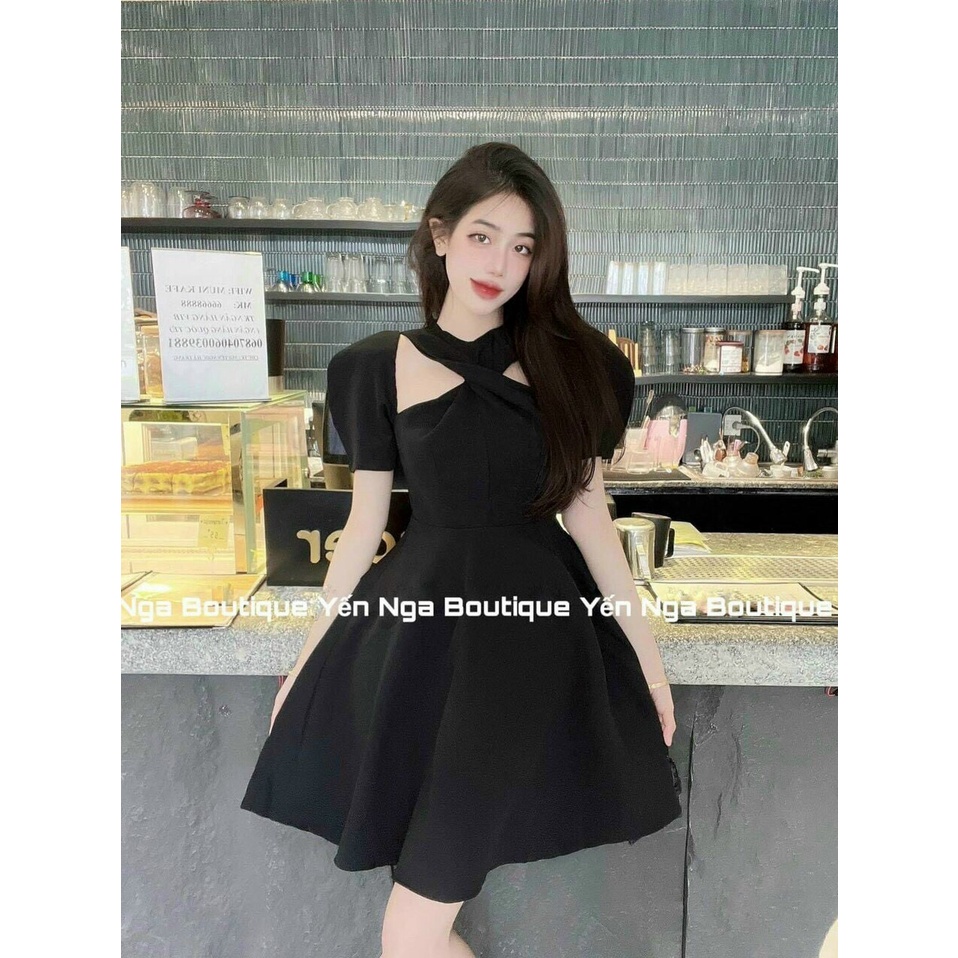 [8.8 Sales Freeship] Đầm tiểu thư tay phồng hở vai, đầm khoét vai xoắn ngực dáng ngắn xòe đi tiệc xinh đẹp, sang chảnh