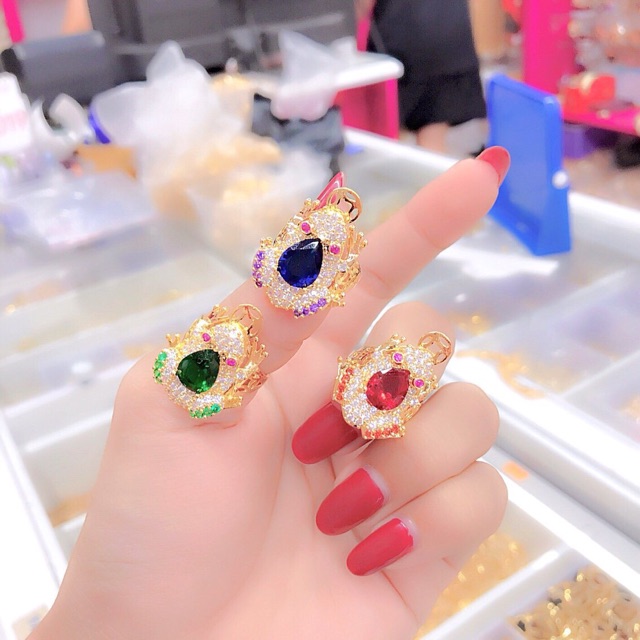 Nhẫn nữ con cóc ngậm tiền dát vàng 18 đính đá màu cực đẹp