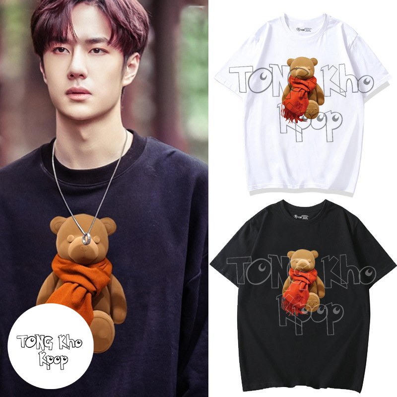Áo thun phông đen trắng in hình GẤU NÂU QUÀNG KHĂN cheap moment VƯƠNG NHẤT BÁC idol thần tượng diễn viên hoa ngữ