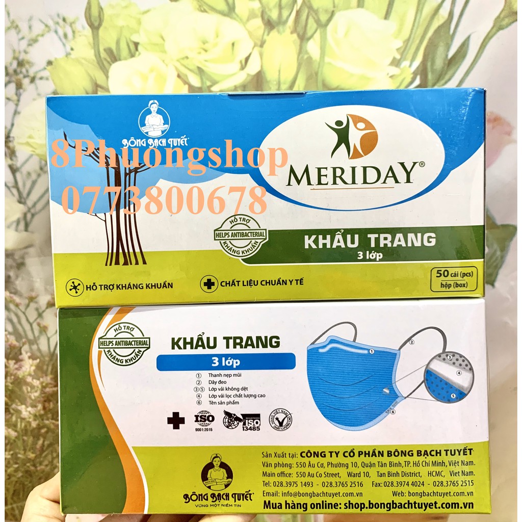 Khẩu trang y tế 3 lớp Meriday màu Xanh hỗ trợ kháng khuẩn 50 cái/ Hộp - Hàng Chính hãng Bông Bạch Tuyết