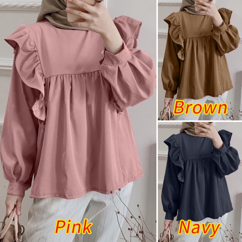 Áo kiểu Zanzea tay dài phồng cổ tròn phối viền nhún bèo thời trang cho nữ