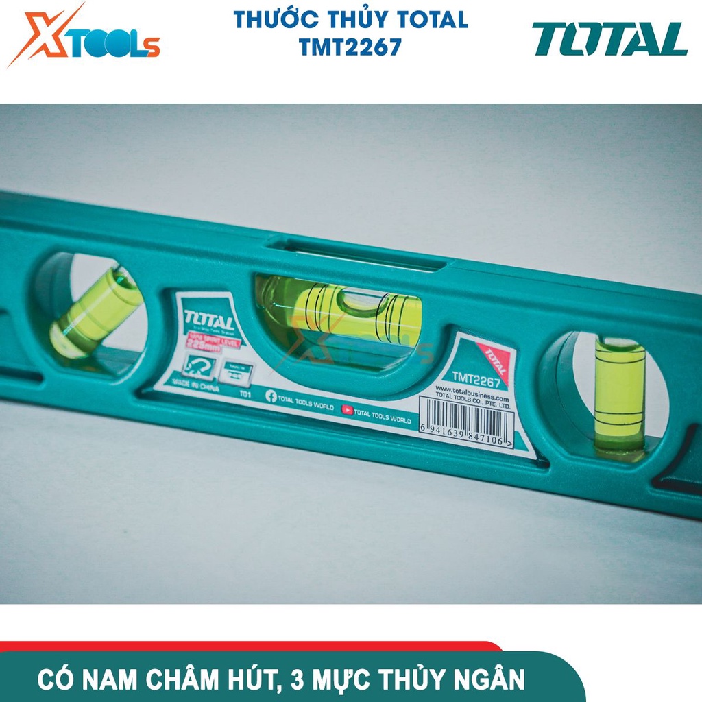 Thước thuỷ có từ mini TOTAL TMT2267, thước thuỷ mini chiều dài 225mm có nam châm hút, 3 mực thủy ngân-CHÍNH HÃNG- XTOOLS