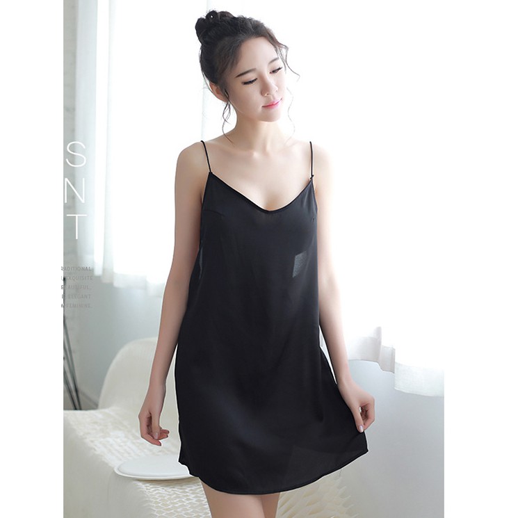 [Che tên] Váy ngủ lụa satin 2 dây mảnh gợi cảm - Đen