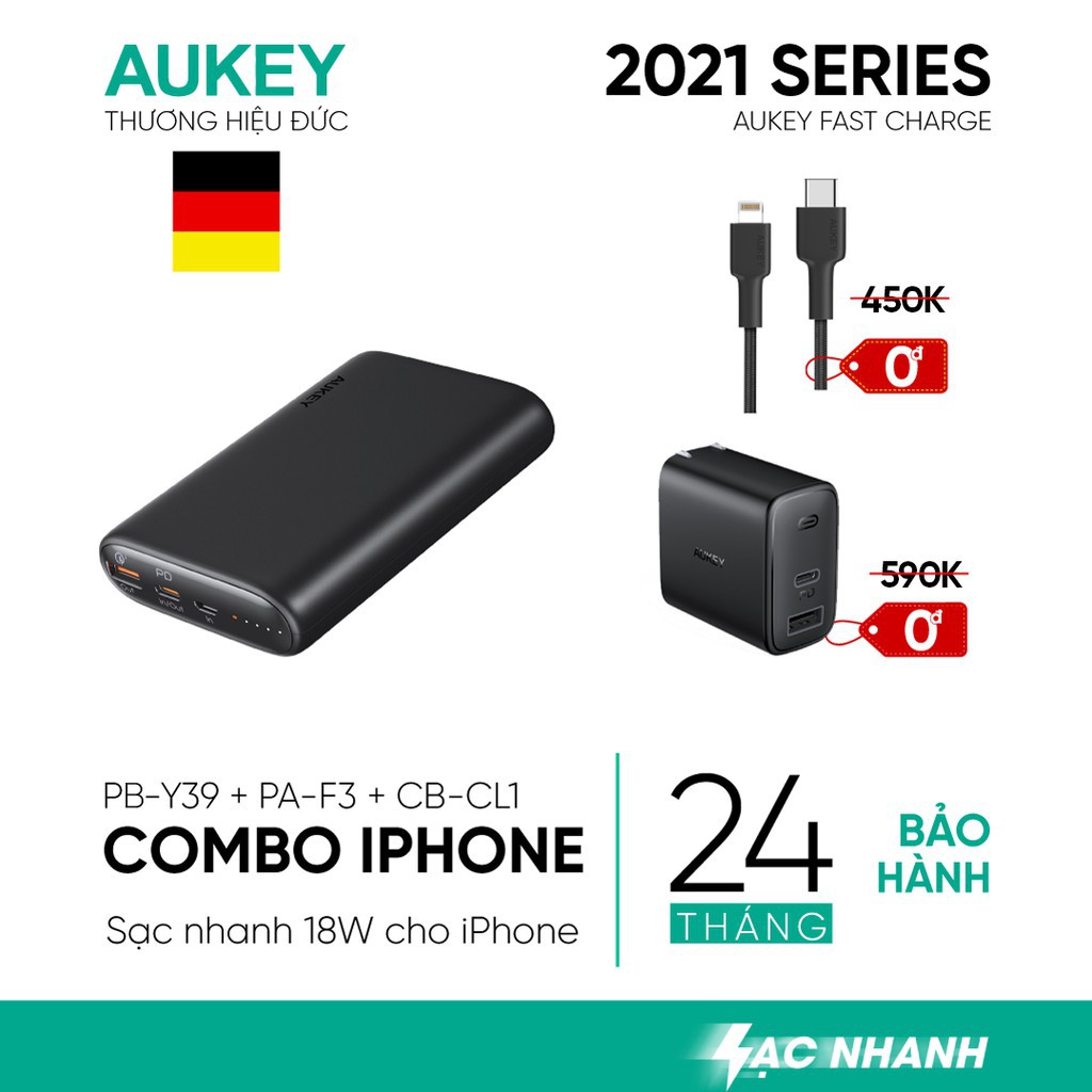 Combo AUKEY Sạc 15.000 mAh PB-Y39, Cốc Sạc Nhanh PA-F3, Cáp C-Lightning CB-CL