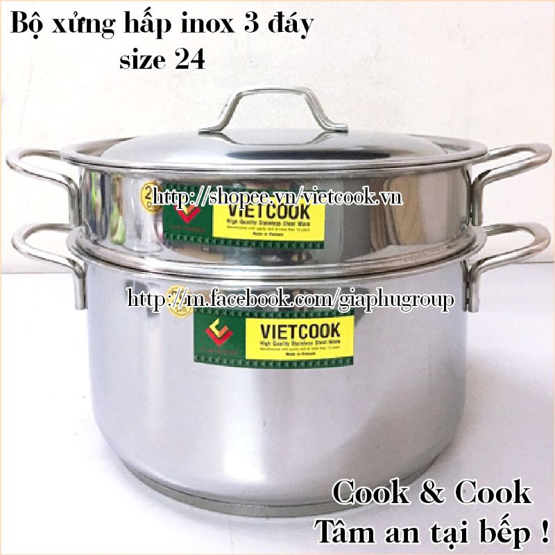 [Chính Hãng] Bộ xửng hấp inox 2 tầng đáy từ size 24, 26, 28, 30, 32 cm VIETCOOK, chõ hấp thực phẩm đồ xôi inox