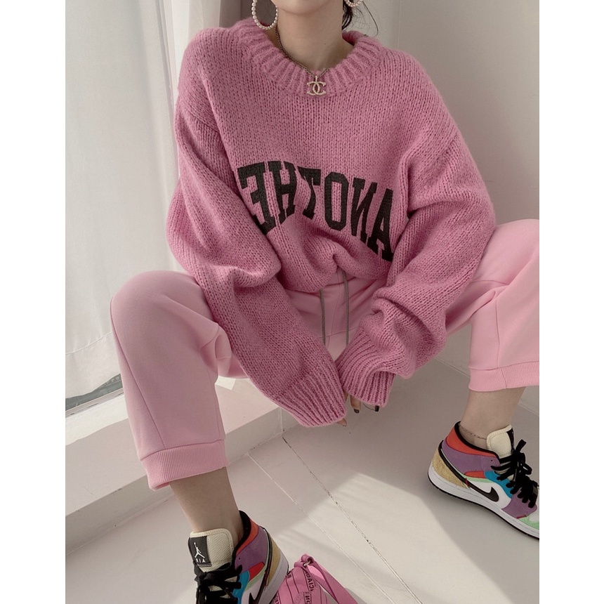 Porozi  Áo sweater nữ cổ tròn dáng rộng in chữ kiểu Hàn Quốc