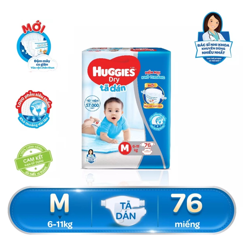 (Mẫu Đệm Mây) Bỉm Huggies Dán Size M76/L68/XL62/Xxl56