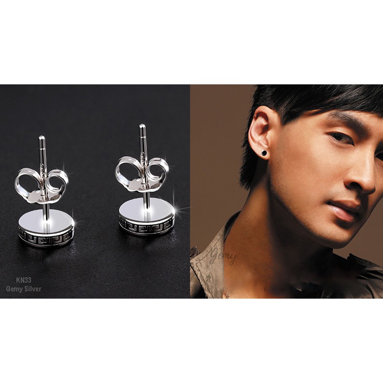Khuyên tai nam tròn bạc 925 xi bạch kim mặt đen Black Knight, unisex (1 chiếc)| GEMY SILVER KN33