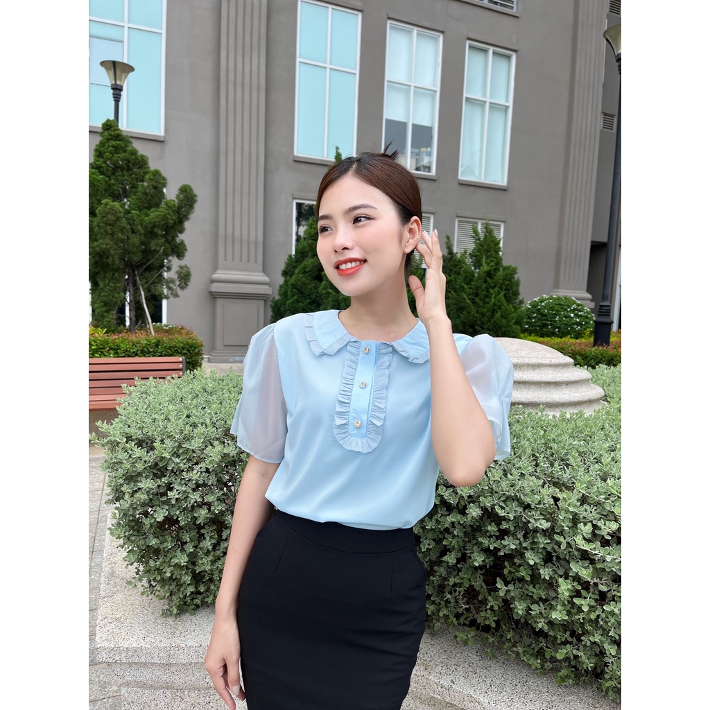 {Gloria Shop} Áo sơ mi nữ tiểu thư cổ cánh sen tay sếp ly Thời trang màu xanh SMKX01