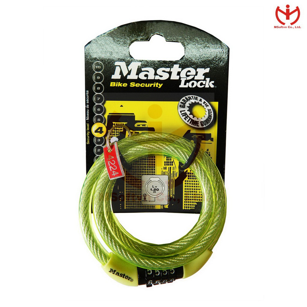Khóa xe đạp Master Lock 8143 EURDPROCOL - Khóa dây cáp dài 1.2m x 8mm dùng số - MSOFT