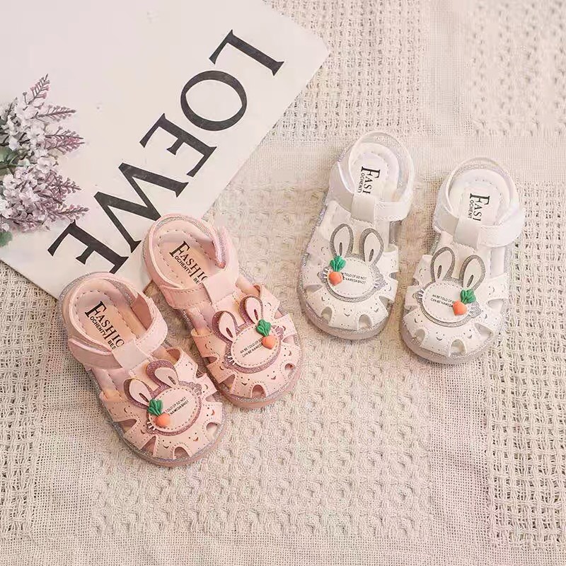dép rọ cho bé - sandal bé gái da mềm, đế dẻo nơ thỏ carot có quay dán YY A11