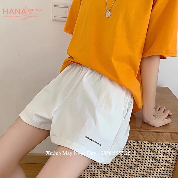 Quần short nữ cạp chun lưng thun thêu chữ túi dáng quần đùi đũi nữ ống rộng tập gym thể thao đi biển ở nhà ngủ cá tính