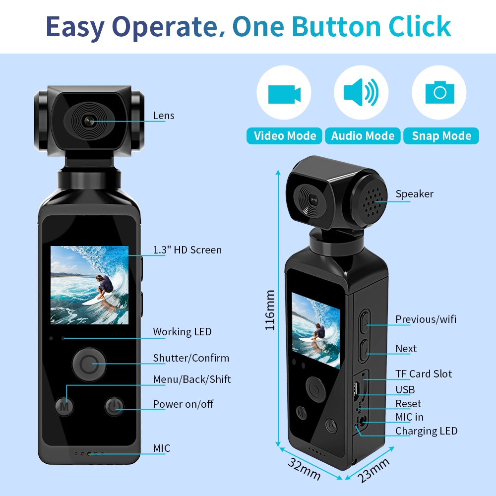 Camera Hành Trình HD Màn Hình LCD 1.3 "HD 270° Camera Thể Thao Mini Kết Nối Wifi, Có Thể Xoay Được, Chống Thấm Nước, Kèm Vỏ