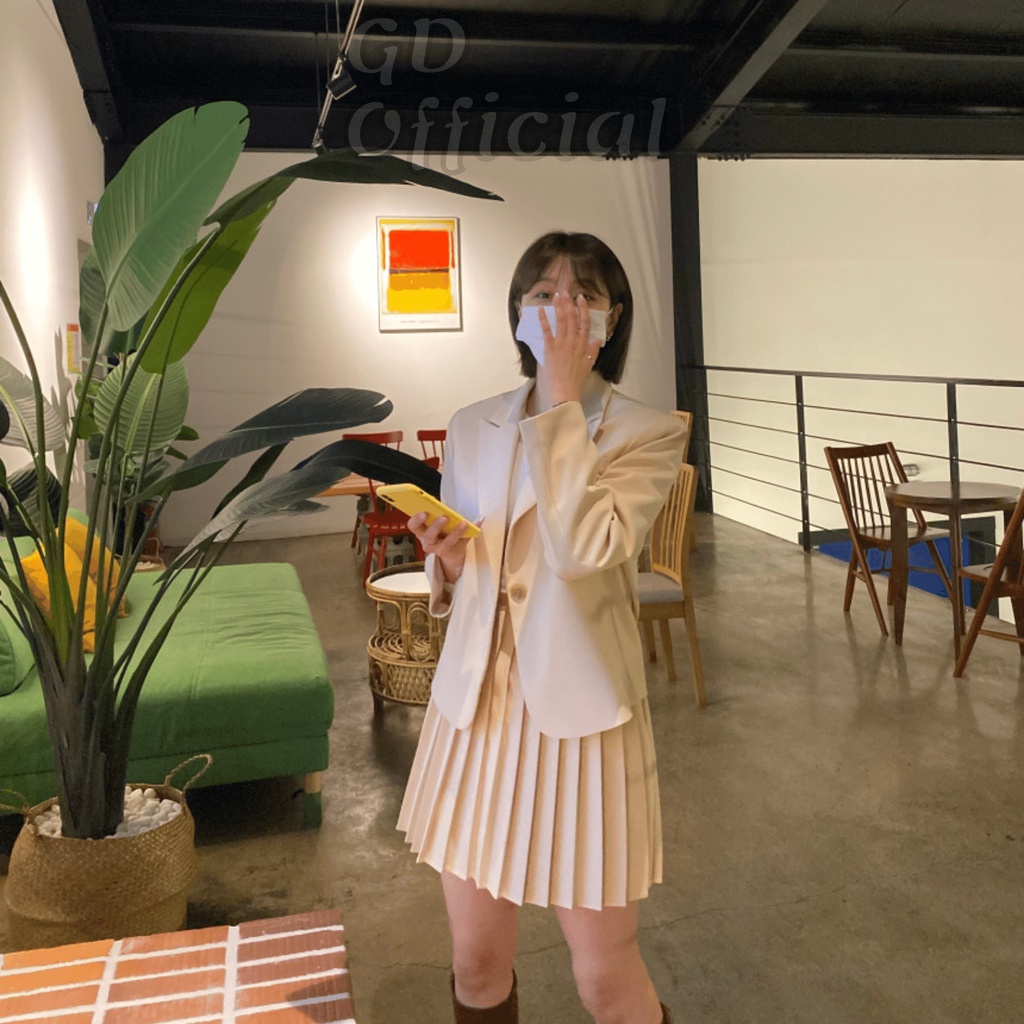 B28|Set bộ áo blazer dài tay nút cài hai lớp dày dặn, váy vest cho nữ xếp ly cạp lưng cao hàn quốc be, đen GD Official